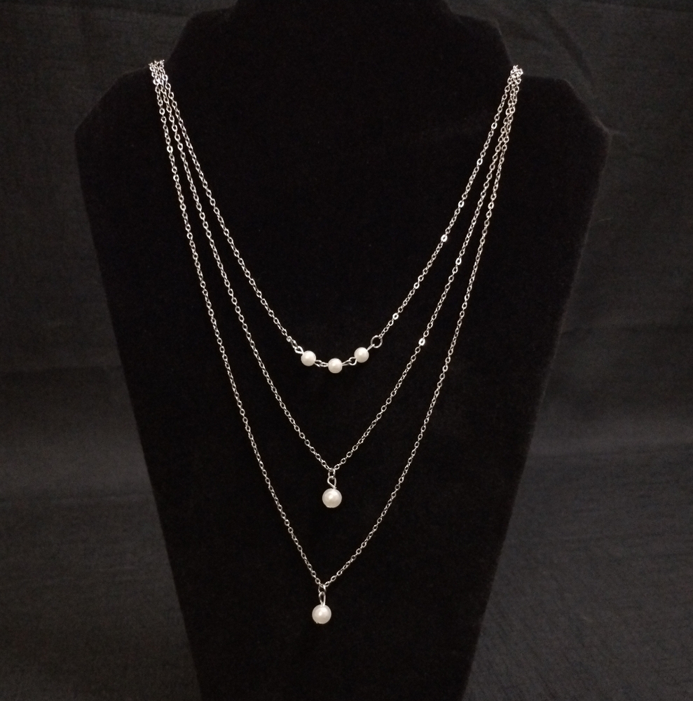 Elegant Silver Tone Multi Strand Faux Pearl Necklace